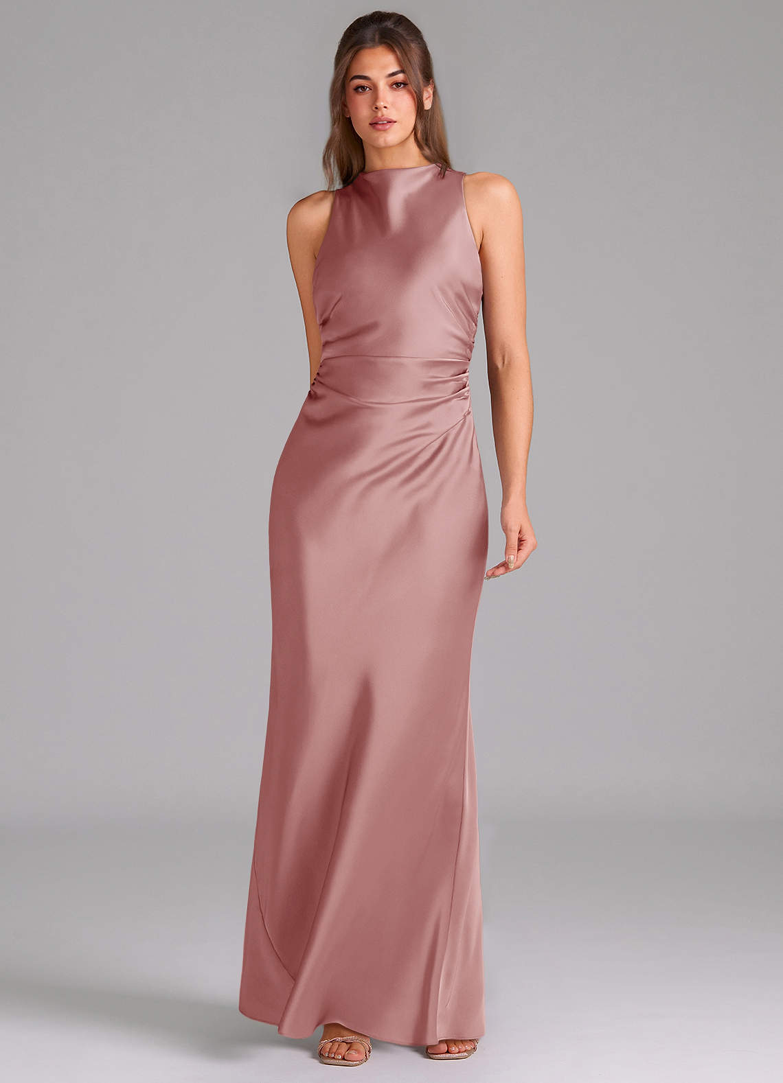 Evadne Sheath Scoop-Neck Stretch Satin Bridesmaid Dress in dusty rose