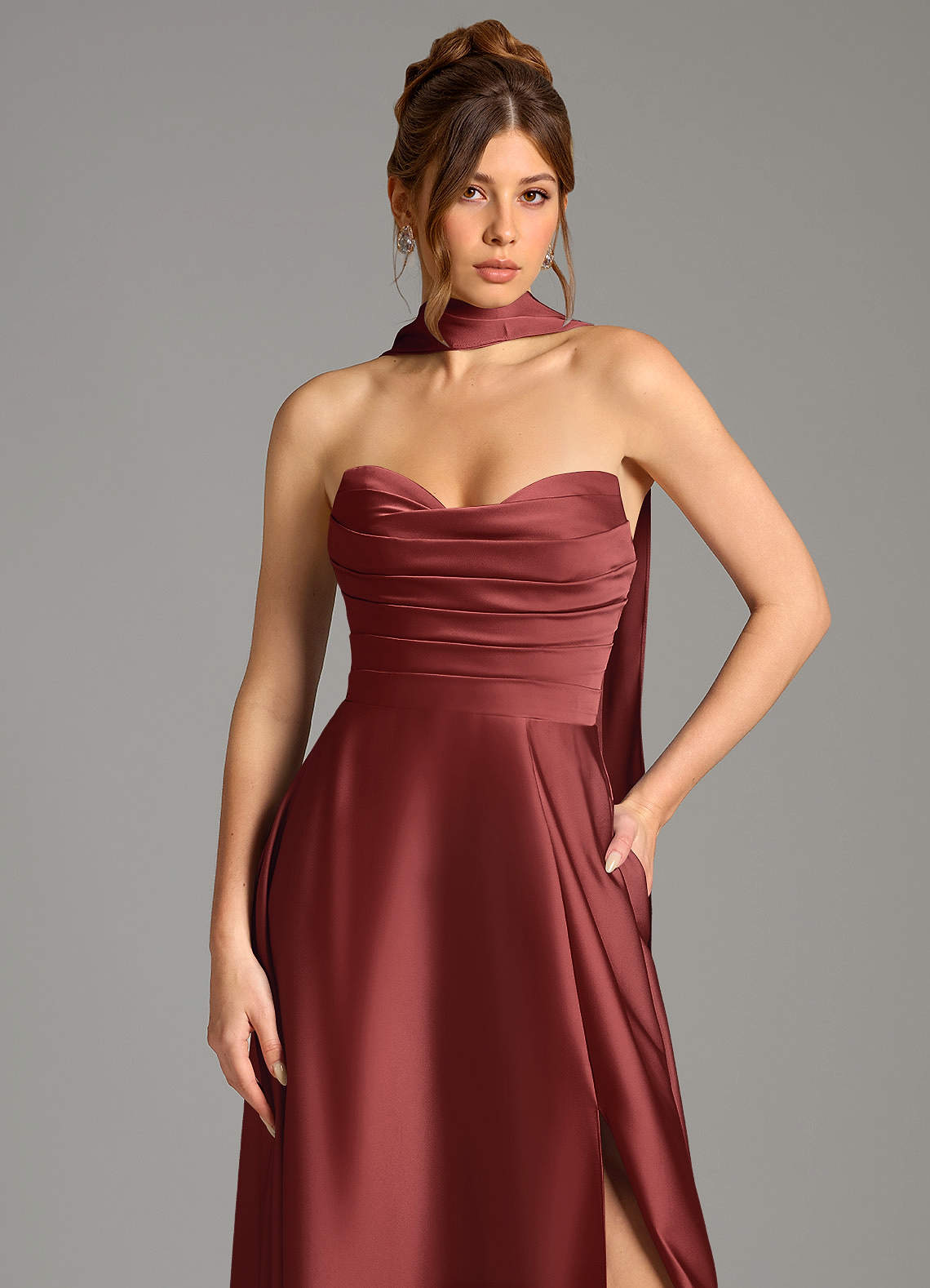 Ayla A-Line Sweetheart Stretch Satin Bridesmaid Dress in Terracotta