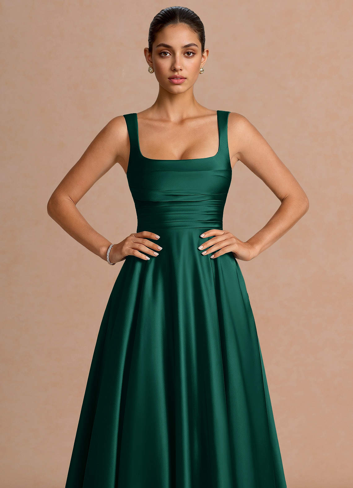 Azaria A-Line Square-Neck Stretch Satin Wedding Guest Dress in Hunter Green