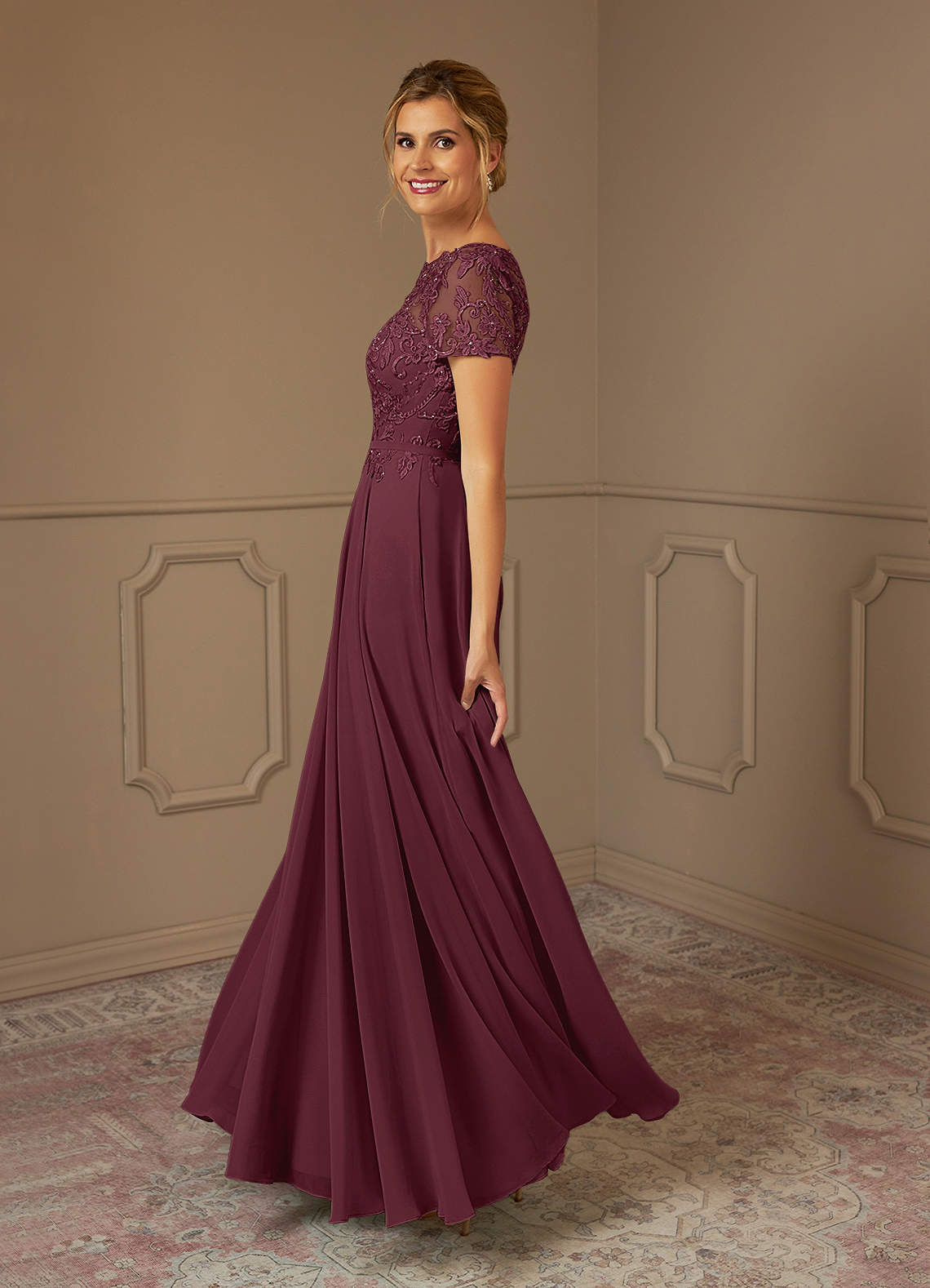 Adina A-Line Boat-Neck Chiffon Mother of the Bride Dress in Cabernet