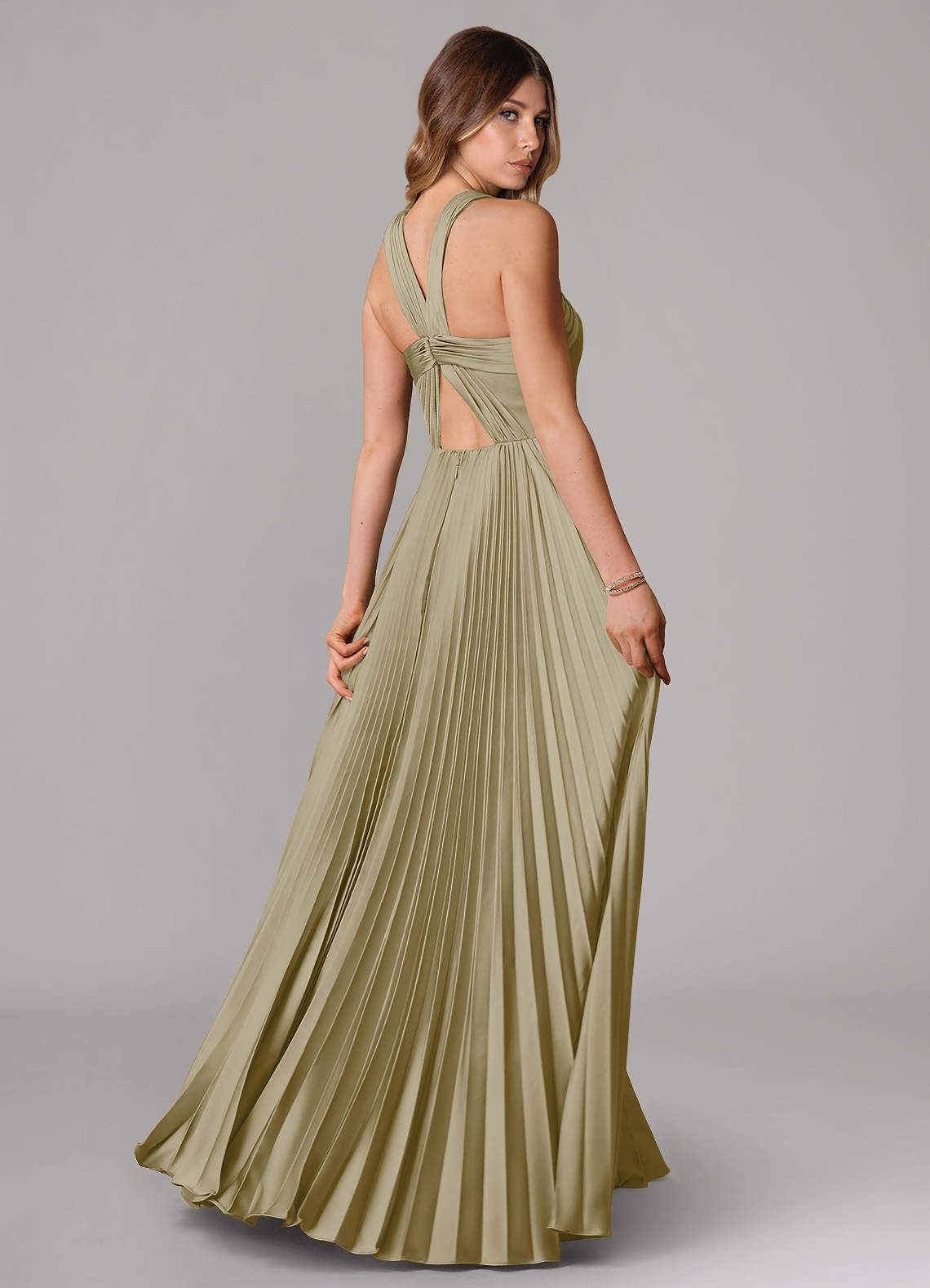 Afra A-Line Halter-Neck Stretch Satin Bridesmaid Dress in Moss Green
