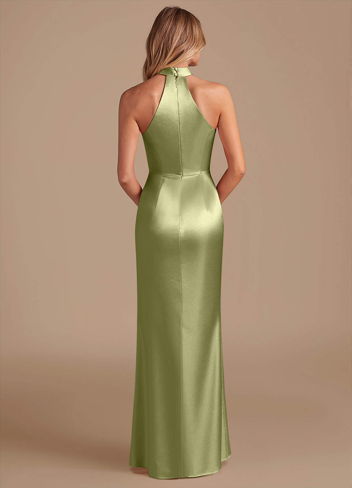 Karlotta Sheath Halter-Neck Metallic Satin Bridesmaid Dress in Pistachio