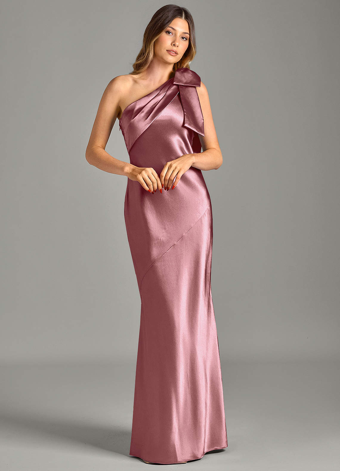 Yuanna Mermaid One-Shoulder Metallic Satin Bridesmaid Dress in Vintage Mauve