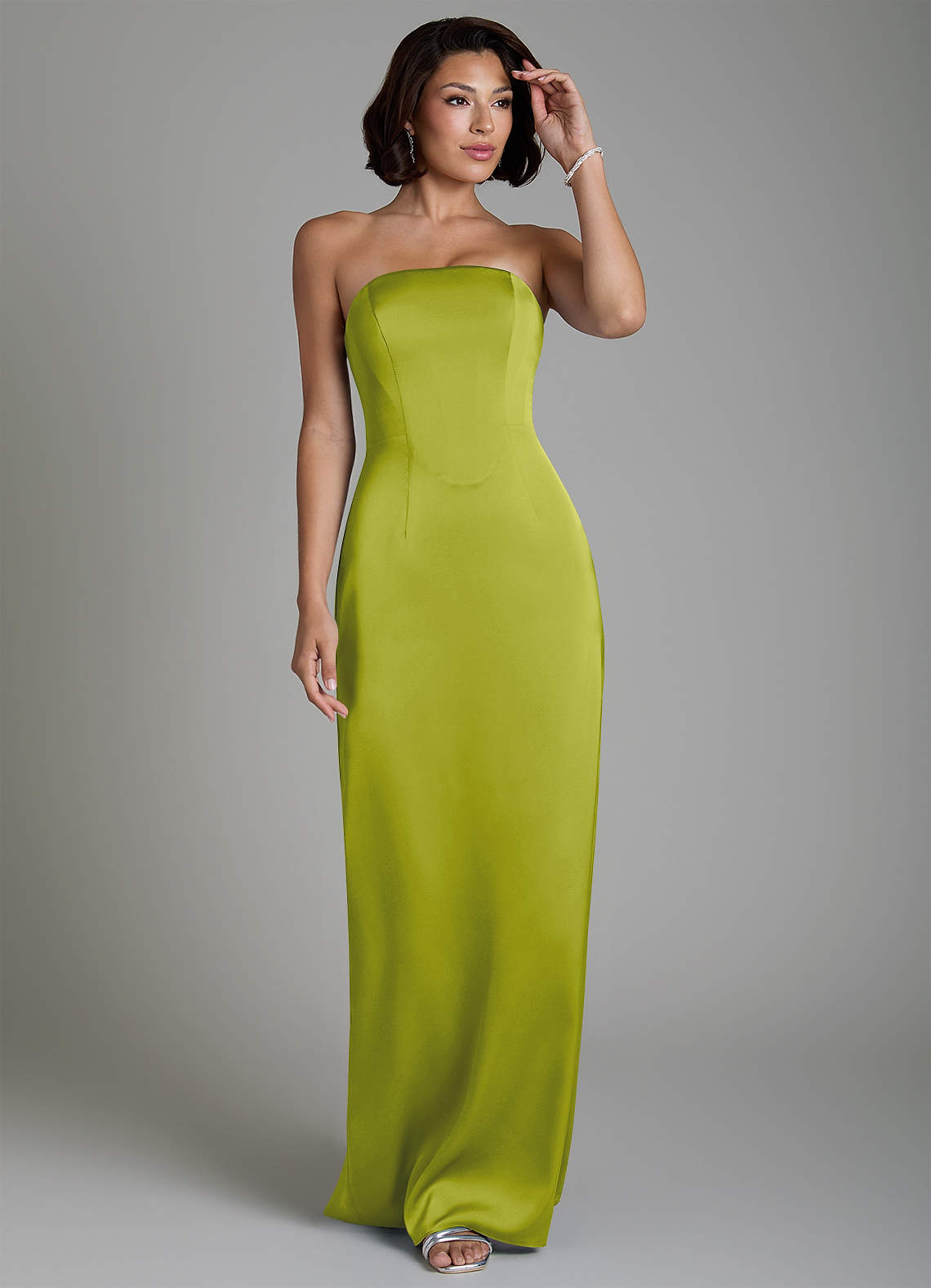 Fallyn Sheath Strapless Stretch Satin Bridesmaid Dress in Lemongrass