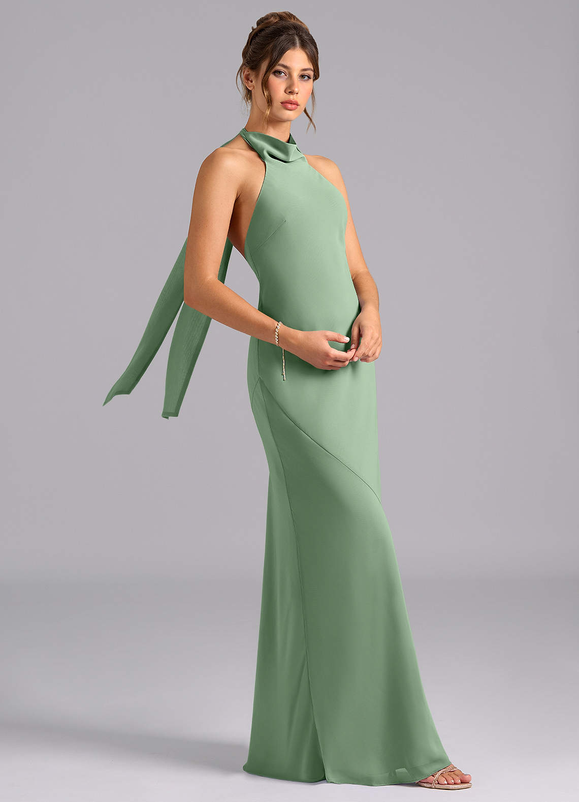 Velli Mermaid Halter Chiffon Bridesmaid Dress in Matcha