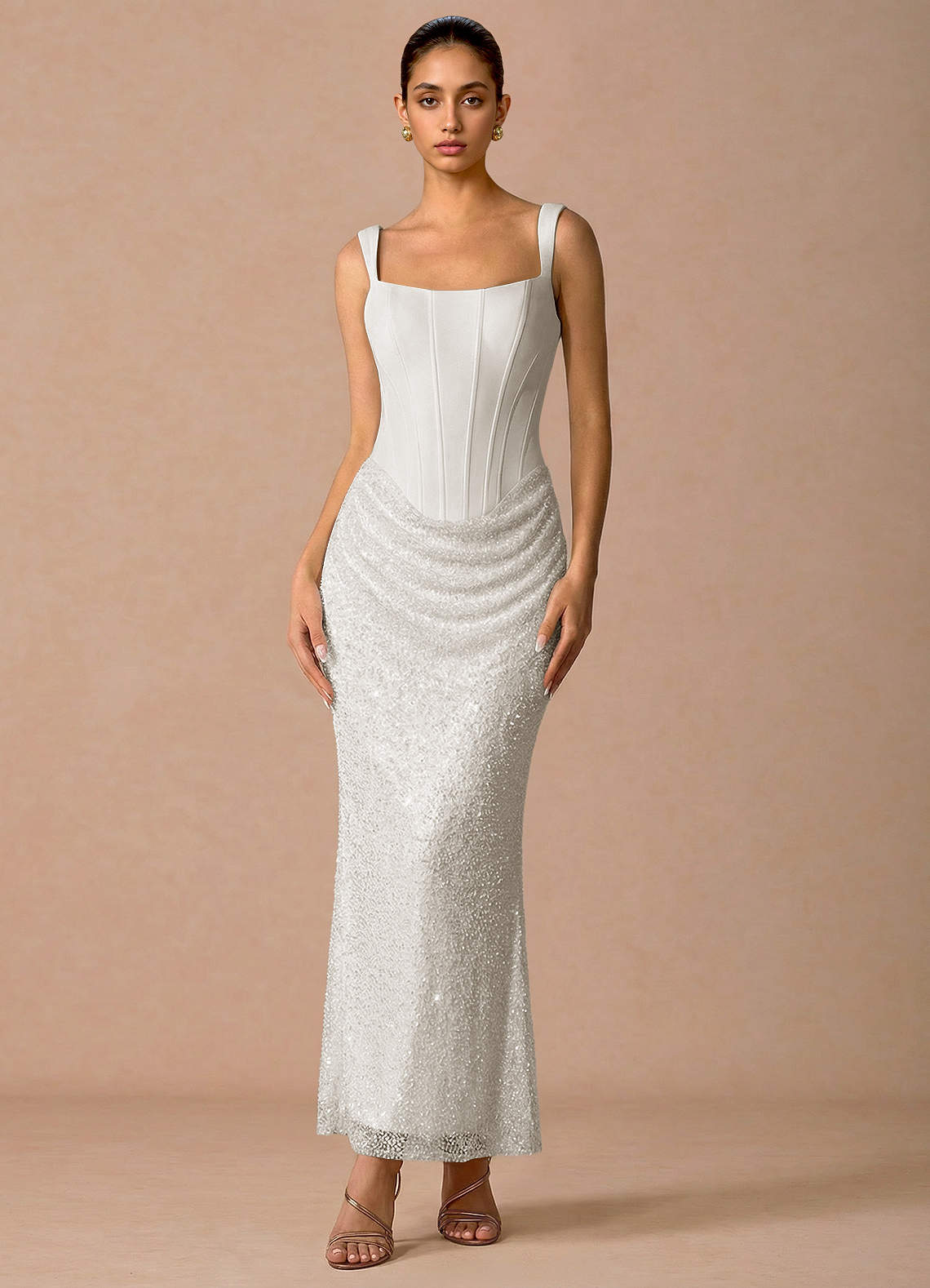 Niamh A-Line Square-Neck Chiffon Tulle Evening Dress in White