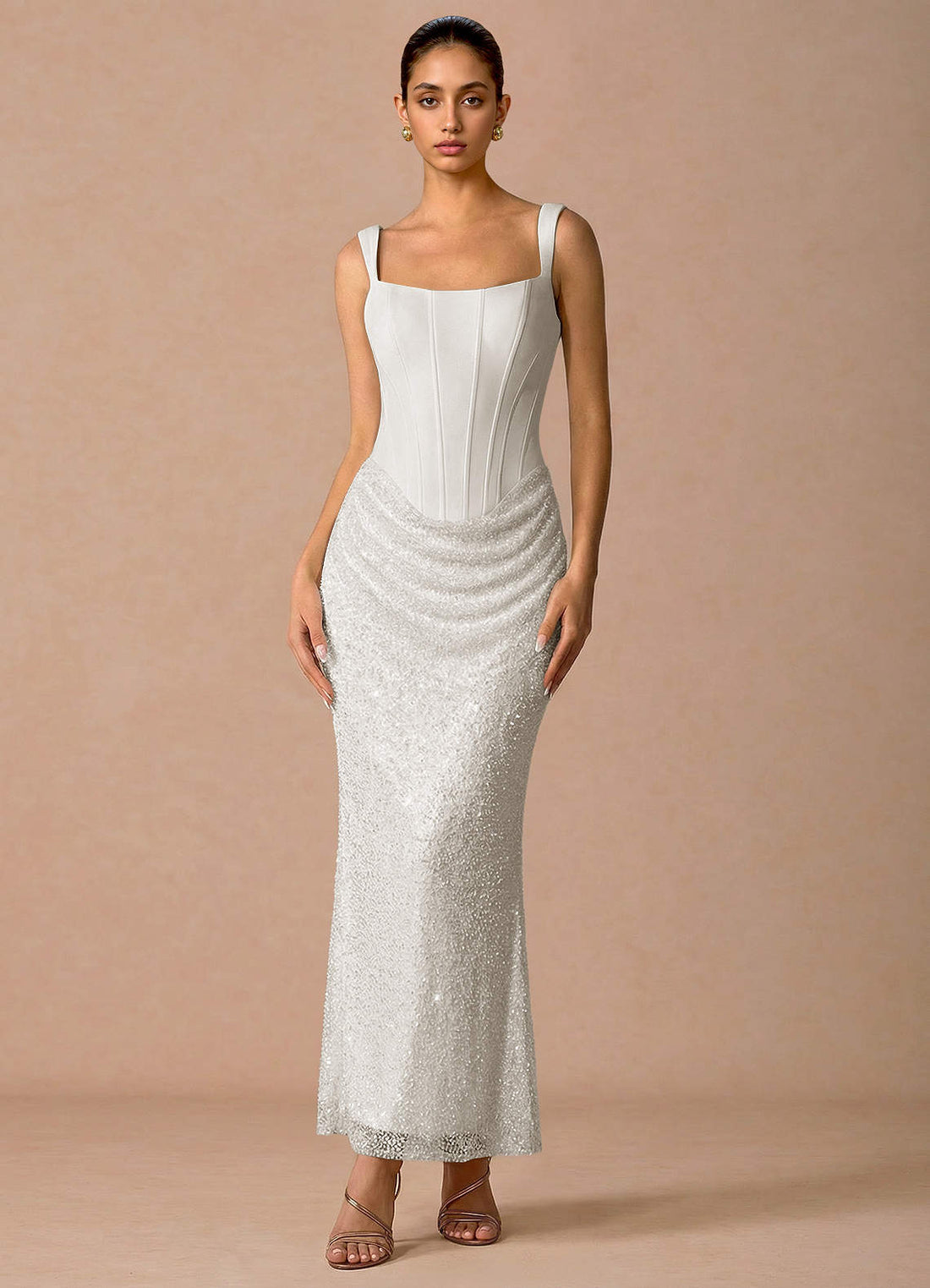 Niamh A-Line Square-Neck Chiffon Tulle Evening Dress in White