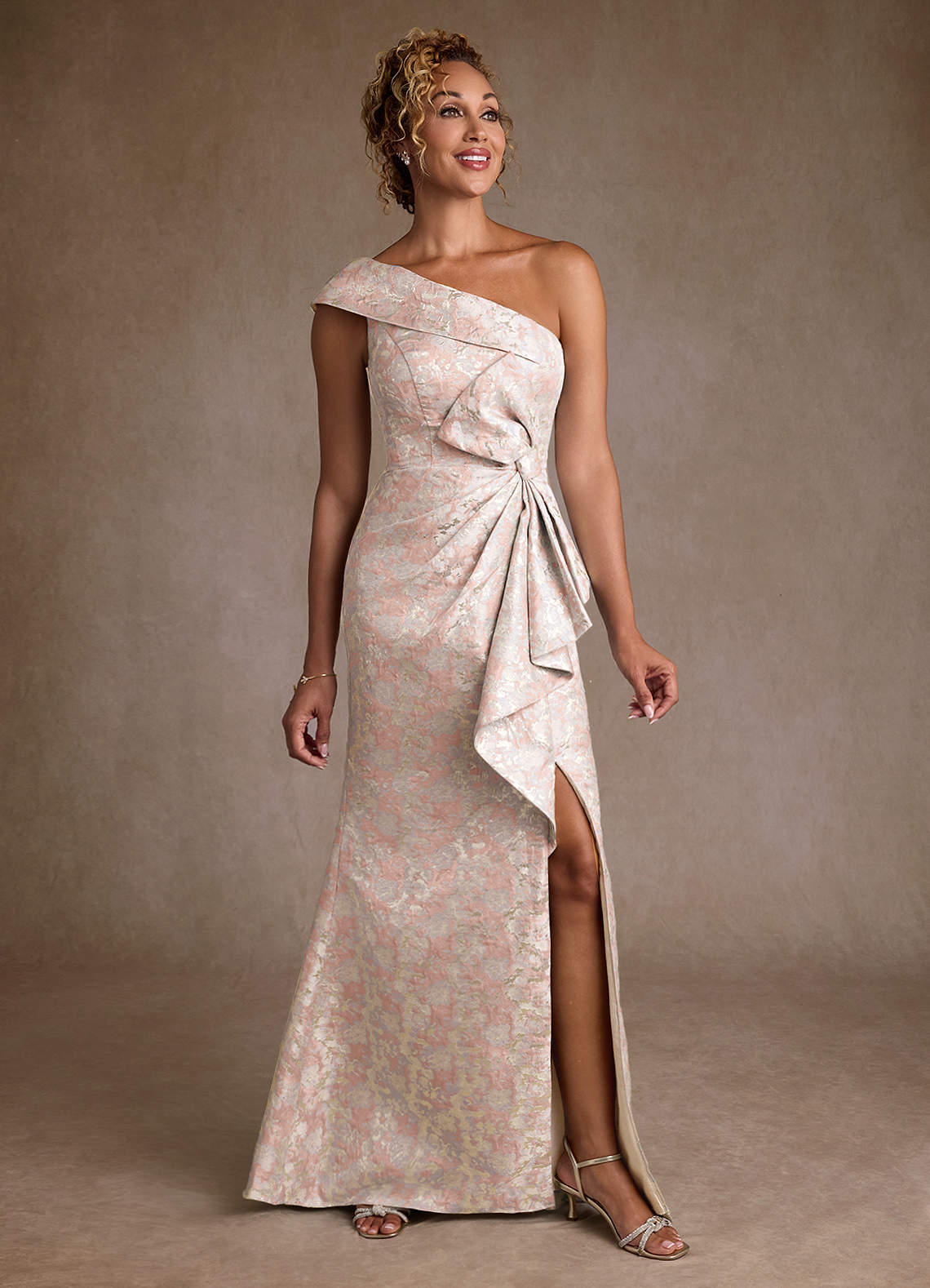 Hampton Mermaid One-Shoulder Jacquard Mother of the Bride Dress in Dusty Rose