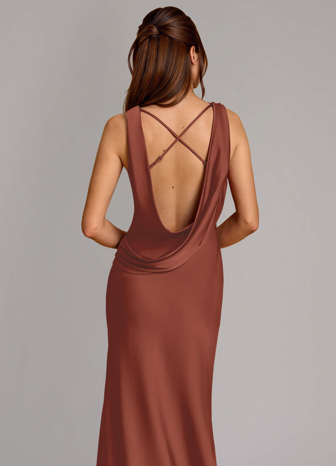 Cheryl Mermaid Cowl-Neck Stretch Satin Bridesmaid Dress in Auburn