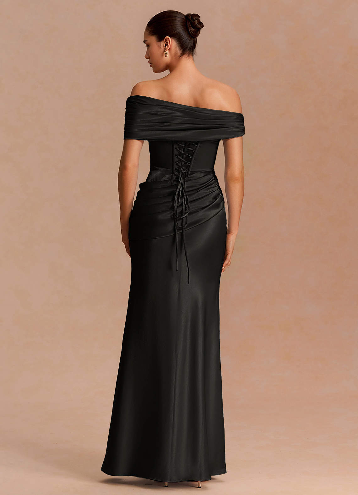 Leonie Strapless Draped-Shoulder Satin Evening Dress in Black