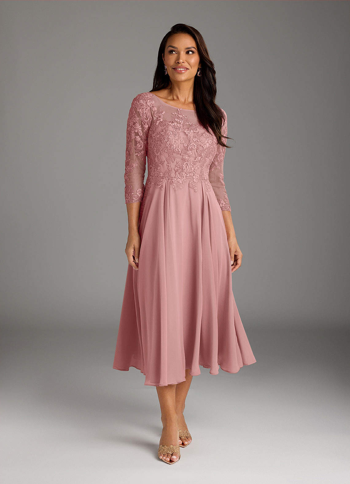 Marge A-Line Scoop-Neck Chiffon and Lace Mother of the Bride Dress in Dusty Rose