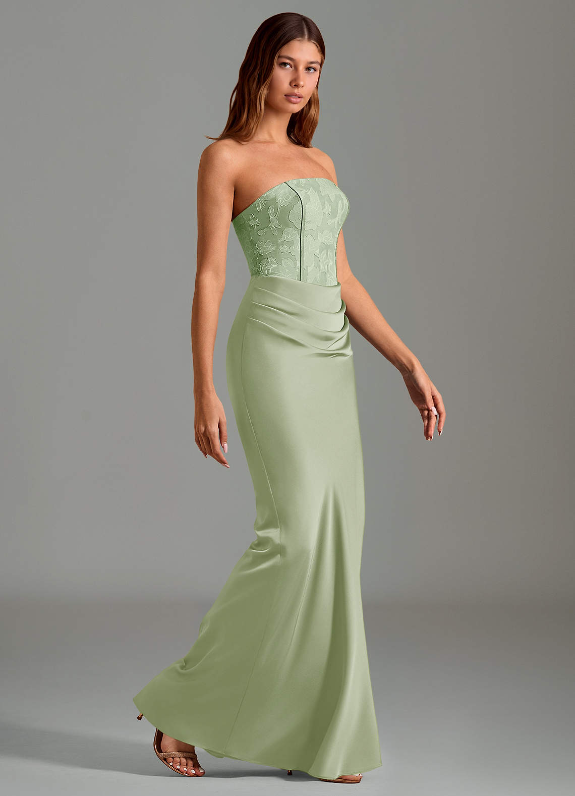 Emilia Mermaid Strapless Stretch Satin and Floral Burnout Bridesmaid Dress in Dusty Sage