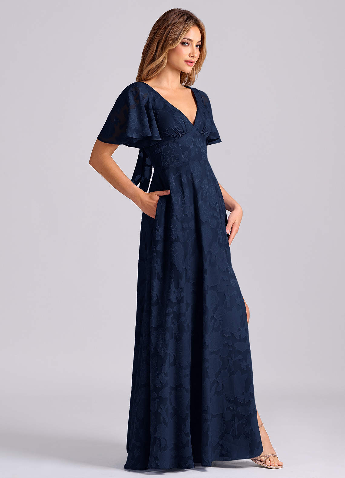 Kimber A-Line V-Neck Floral Burnout Bridesmaid Dress in Dark Navy