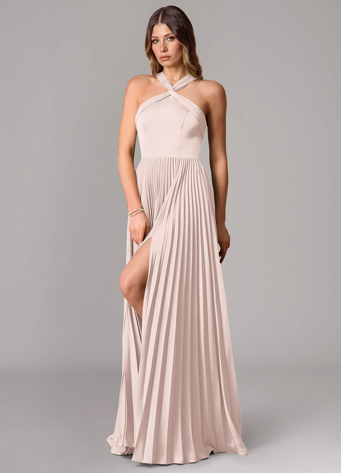 Afra A-Line Halter-Neck Stretch Satin Bridesmaid Dress in Blushing Pink