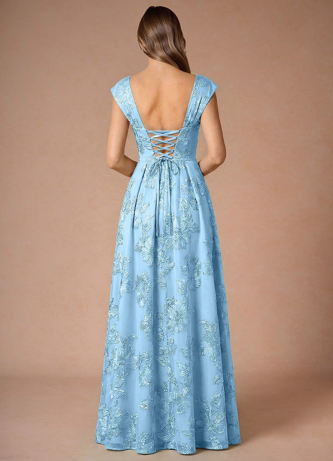 Hazel A-Line Cowl-Neck Floral Mesh Wedding Guest Dress in Sky Blue