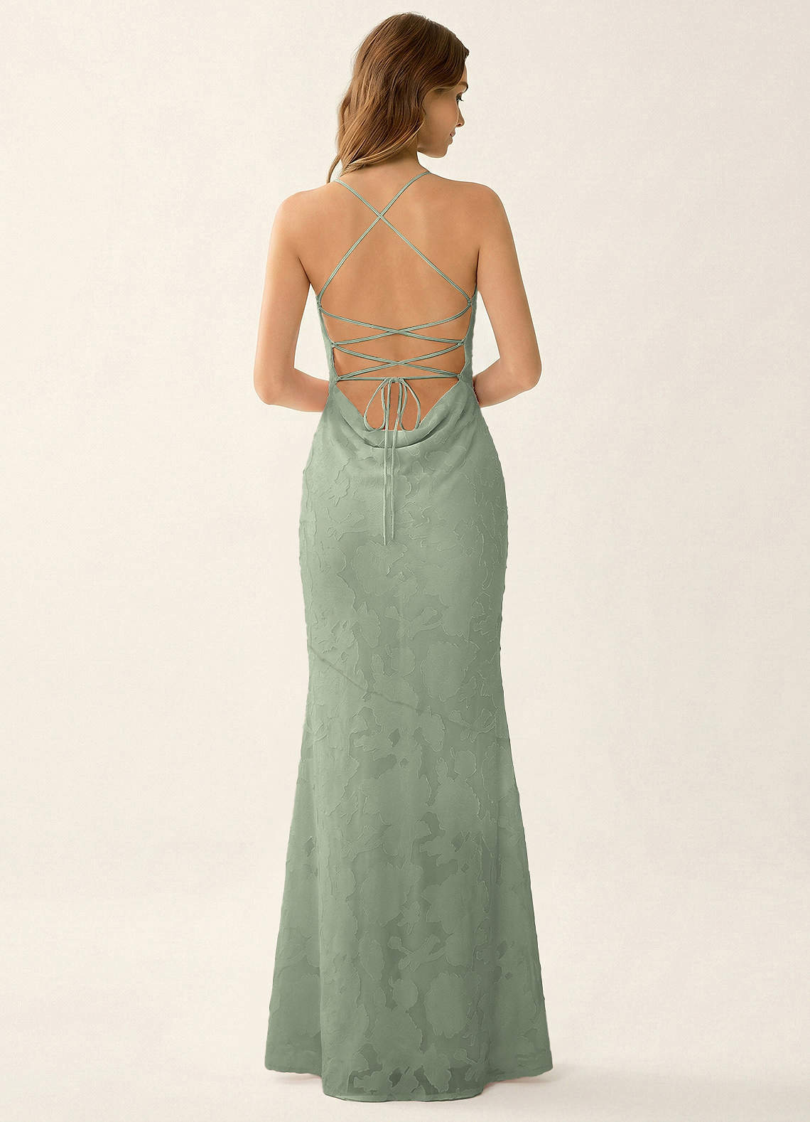 Natasha Mermaid Spaghetti-Strap Floral Burnout Evening Dress in Agave Green