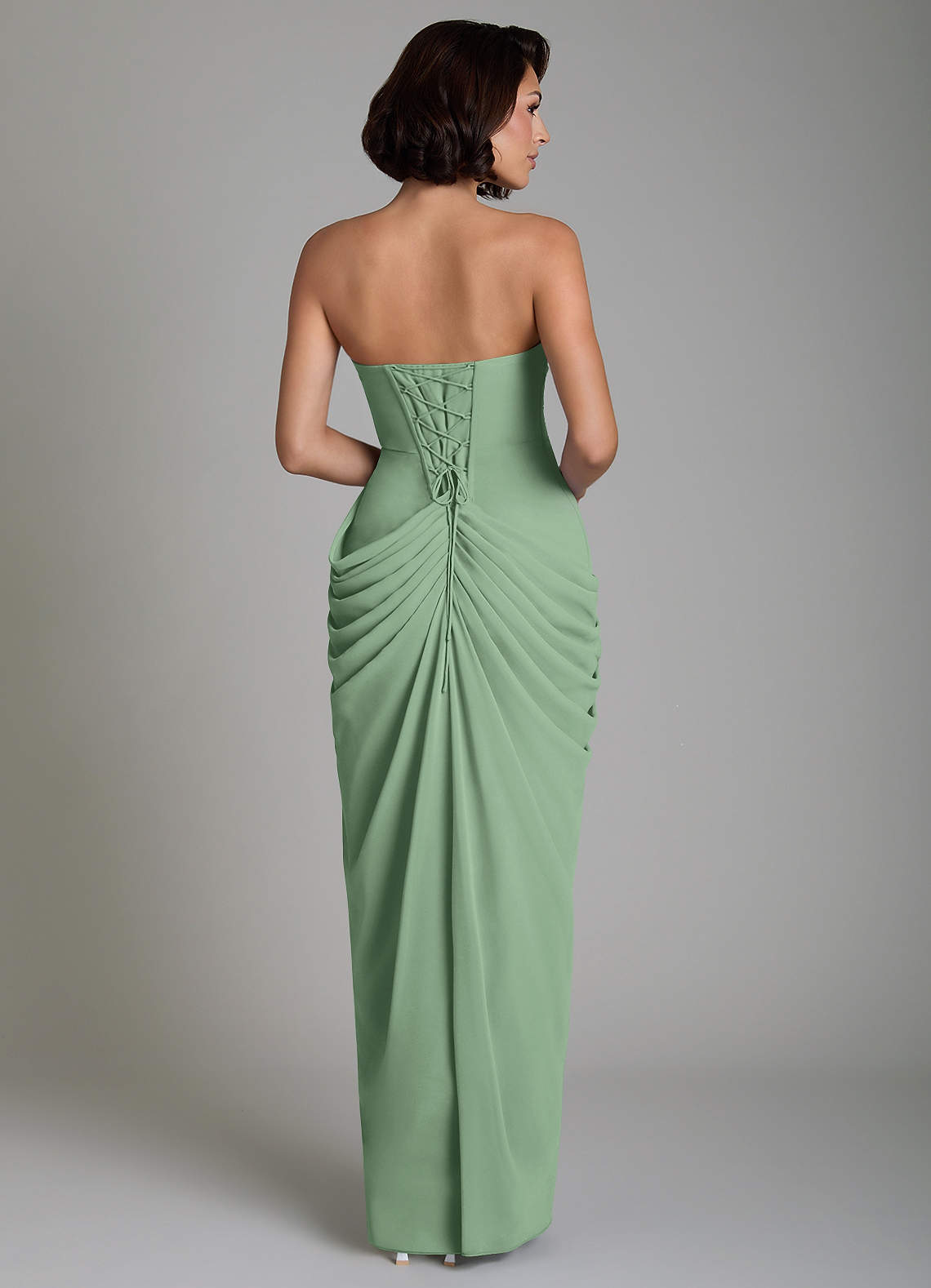 Nyra Sheath Strapless Chiffon Bridesmaid Dress in Matcha
