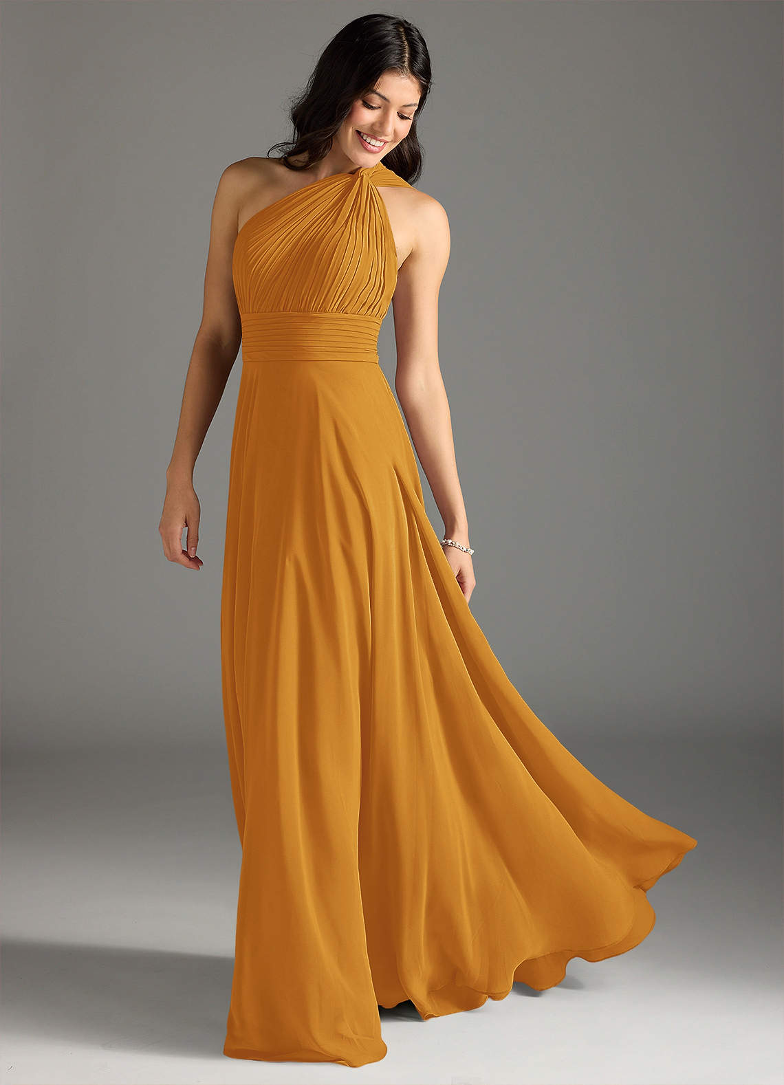 Charlize A-Line One-Shoulder Chiffon Bridesmaid Dress in butterscotch