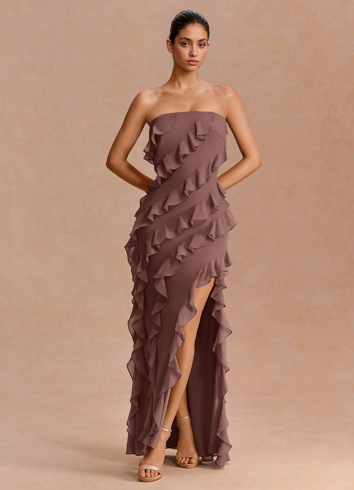 Eira A-Line Ruffle Chiffon Evening Dress in Mocha Coco
