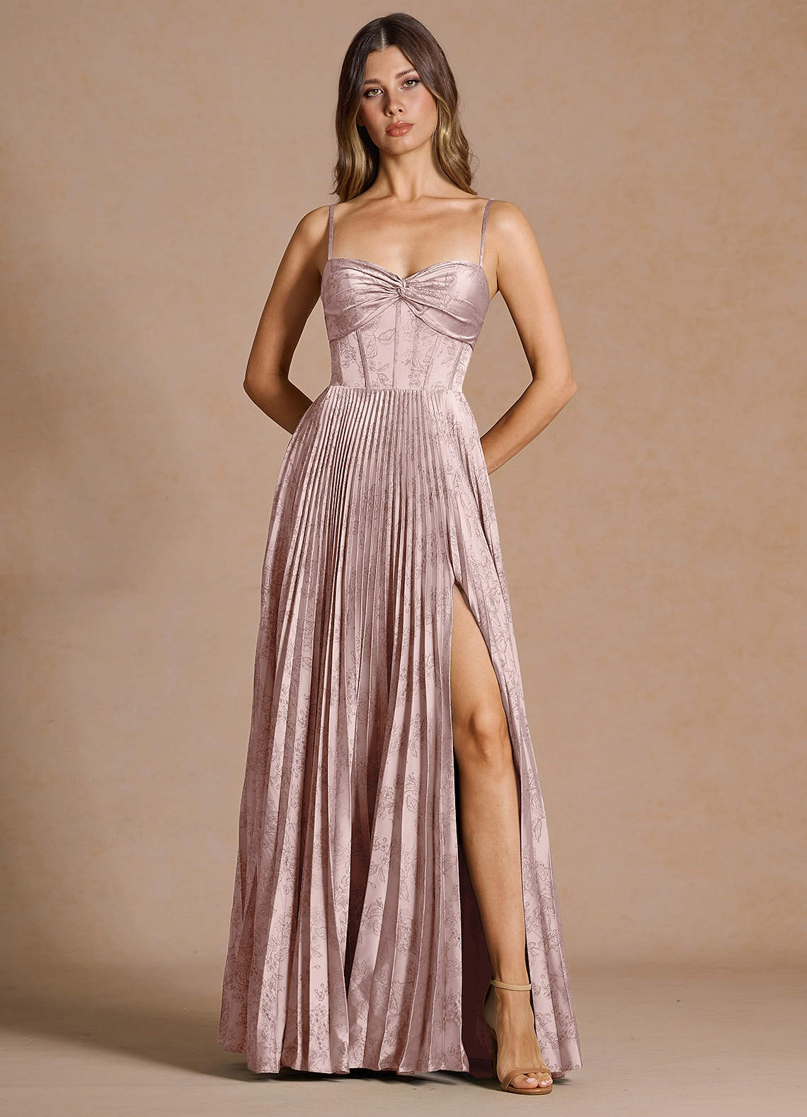 Vesper Pleated Knot-Neck Jacquard Wedding Guest Dress in Pink