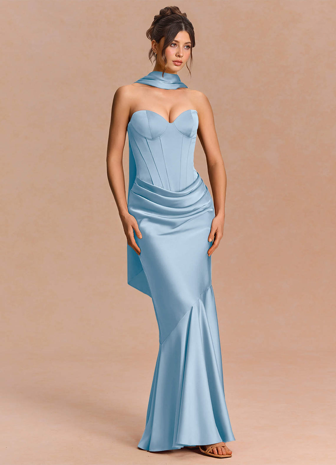 Euphemia Mermaid Strapless Stretch Satin Evening Dress in Haze blue