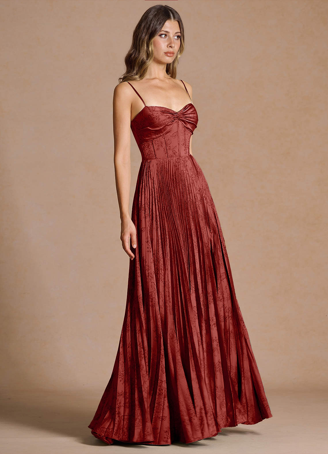 Vesper Pleated Knot-Neck Jacquard Wedding Guest Dress in Orange Red