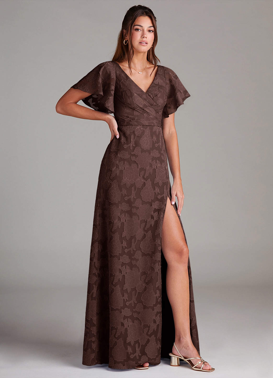 Ambrosia A-Line V-Neck Floral Burnout Bridesmaid Dress in Ganache