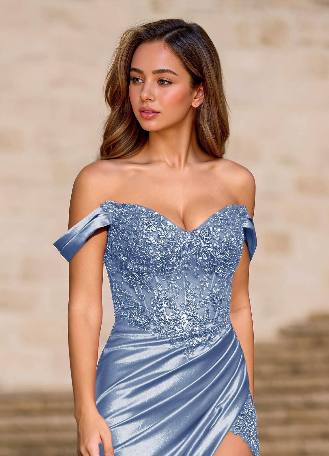 Opulence Mermaid Off-the-Shoulder Satin Evening Dress in Light Blue