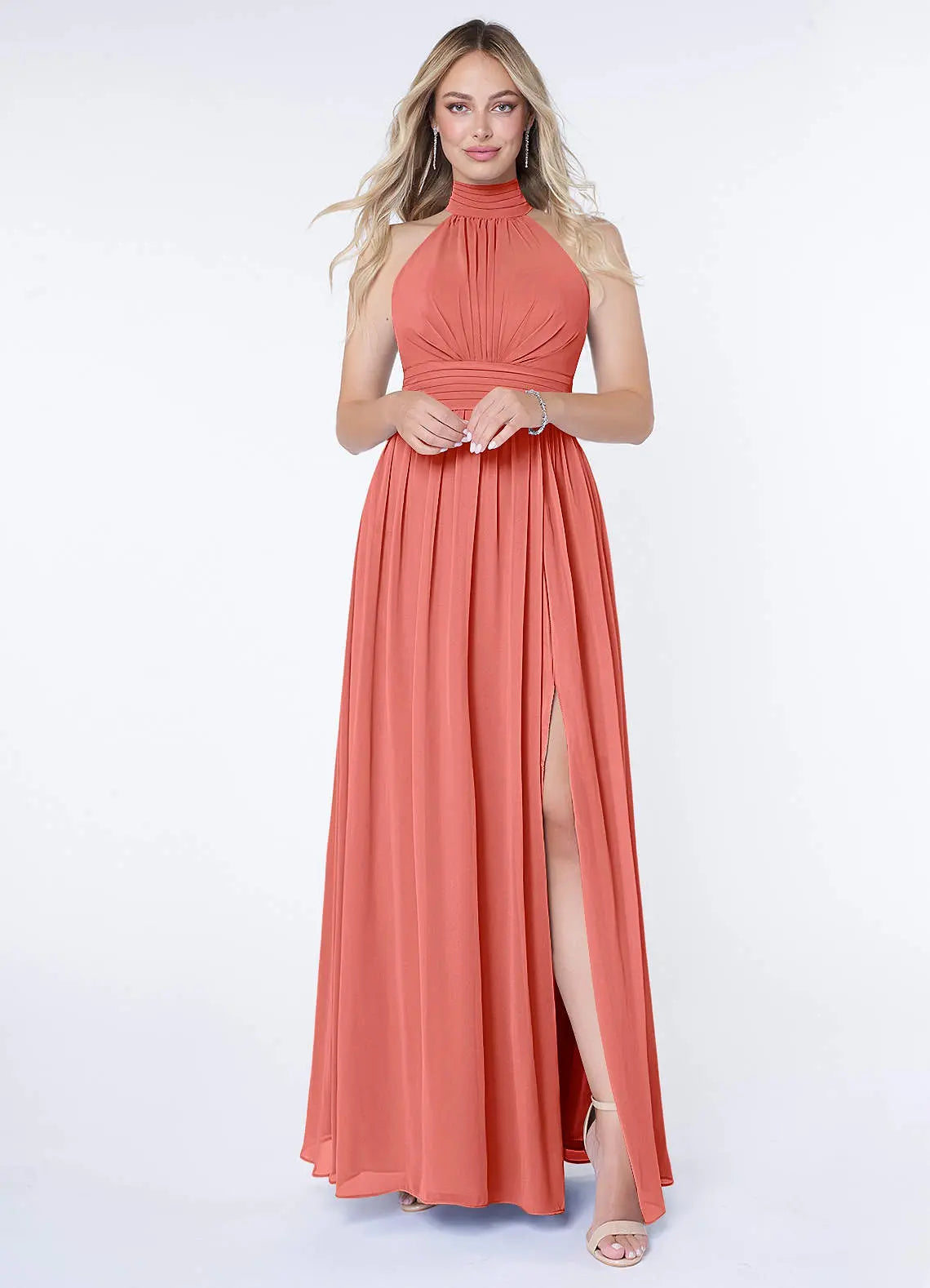 Iman A-Line Halter Chiffon Bridesmaid Dress in Salmon Pink