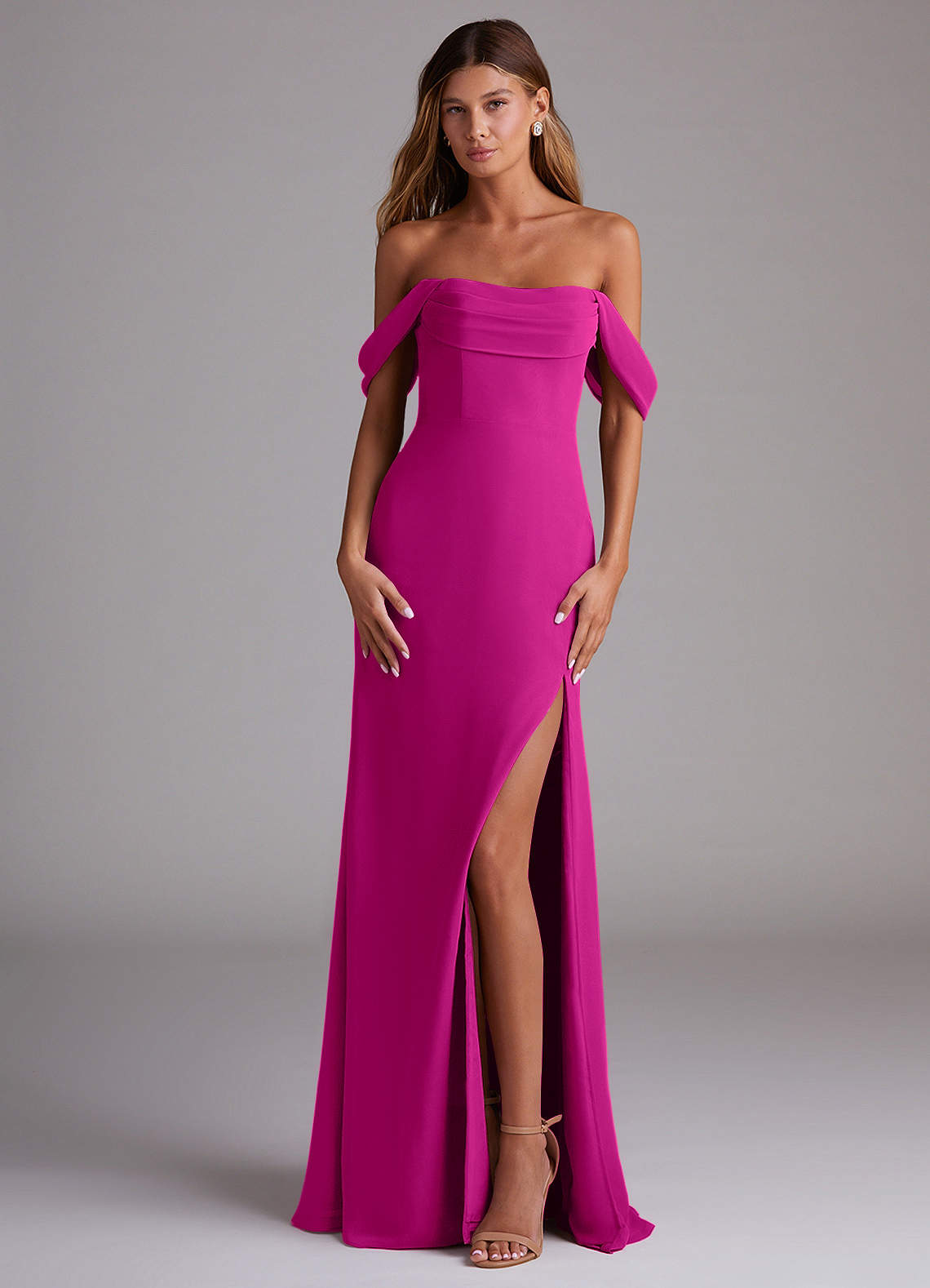Saige A-Line Off-the-Shoulder Chiffon Bridesmaid Dress in Fuchsia