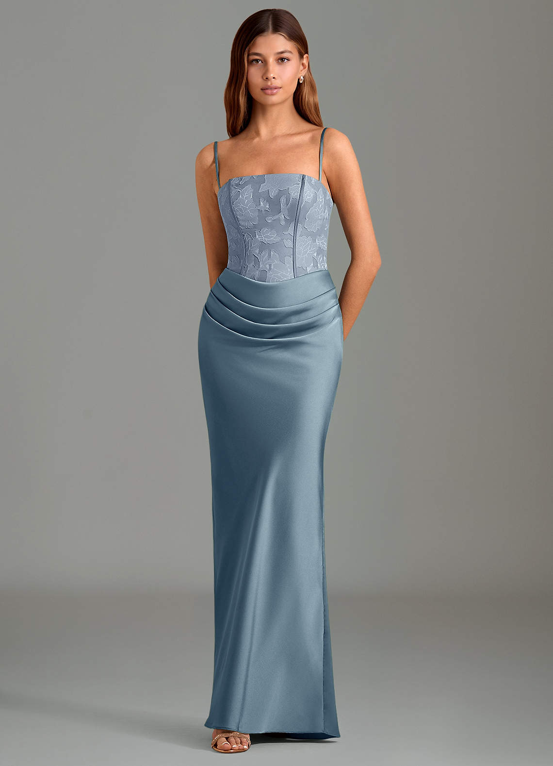 Emilia Mermaid Strapless Stretch Satin and Floral Burnout Bridesmaid Dress in dusty blue