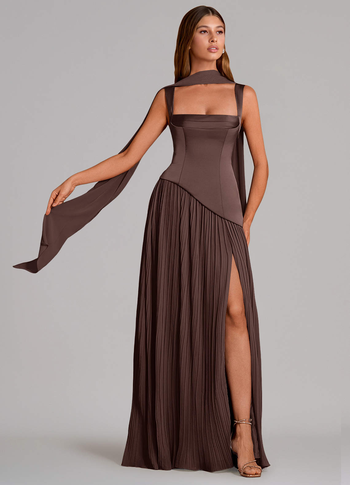 Stephanie A-Line Square-Neck Stretch Satin and Chiffon Bridesmaid Dress in Ganache