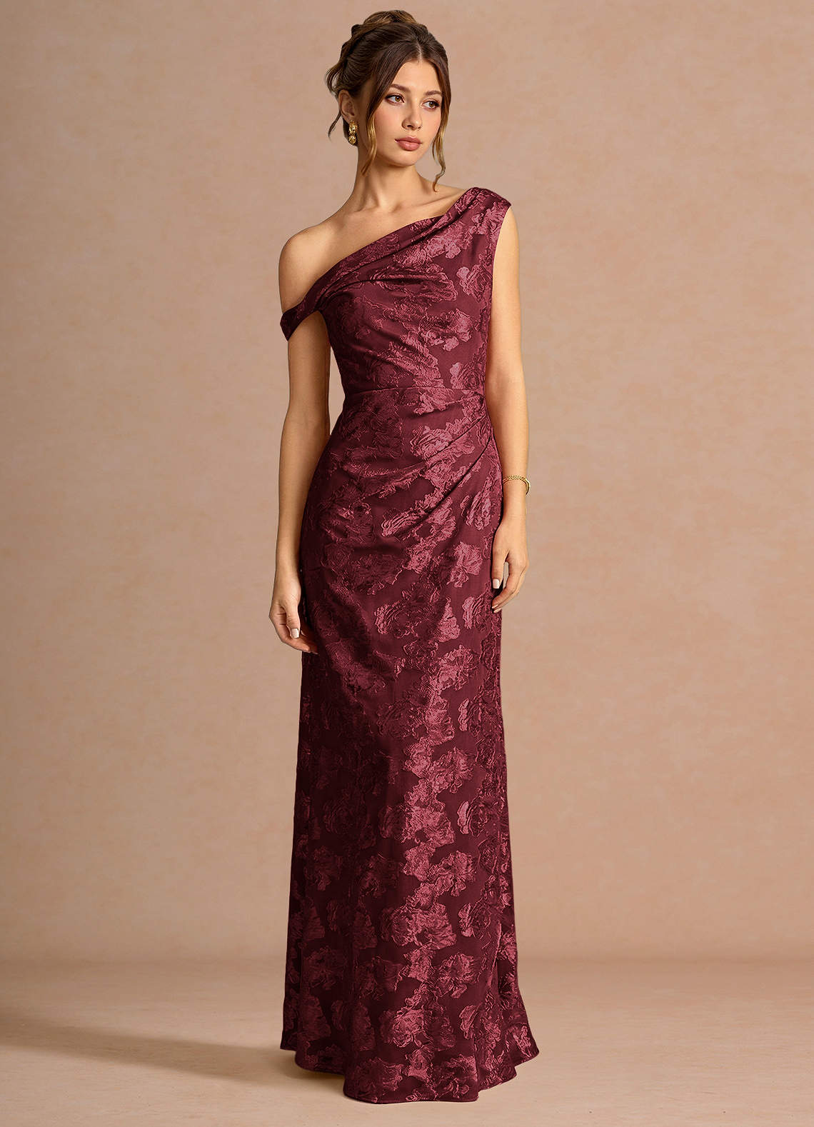 Kismet Mermaid One-Shoulder Fil Coupé Wedding Guest Dress in Wine