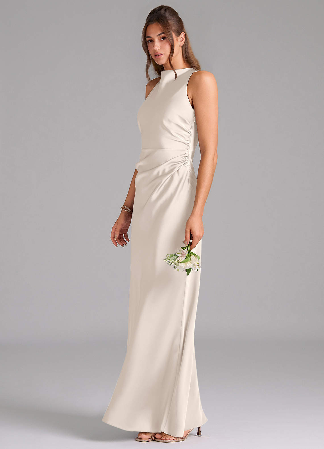 Evadne Sheath Scoop-Neck Stretch Satin Bridesmaid Dress in White Alabaster