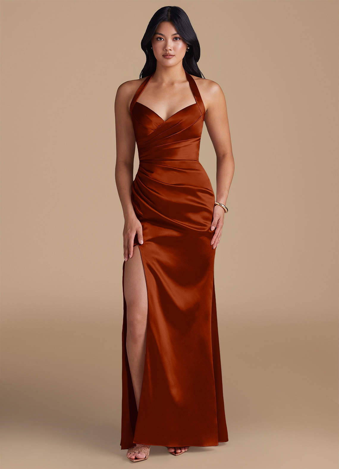 Emeria Sheath Halter Metallic Satin Bridesmaid Dress in Auburn