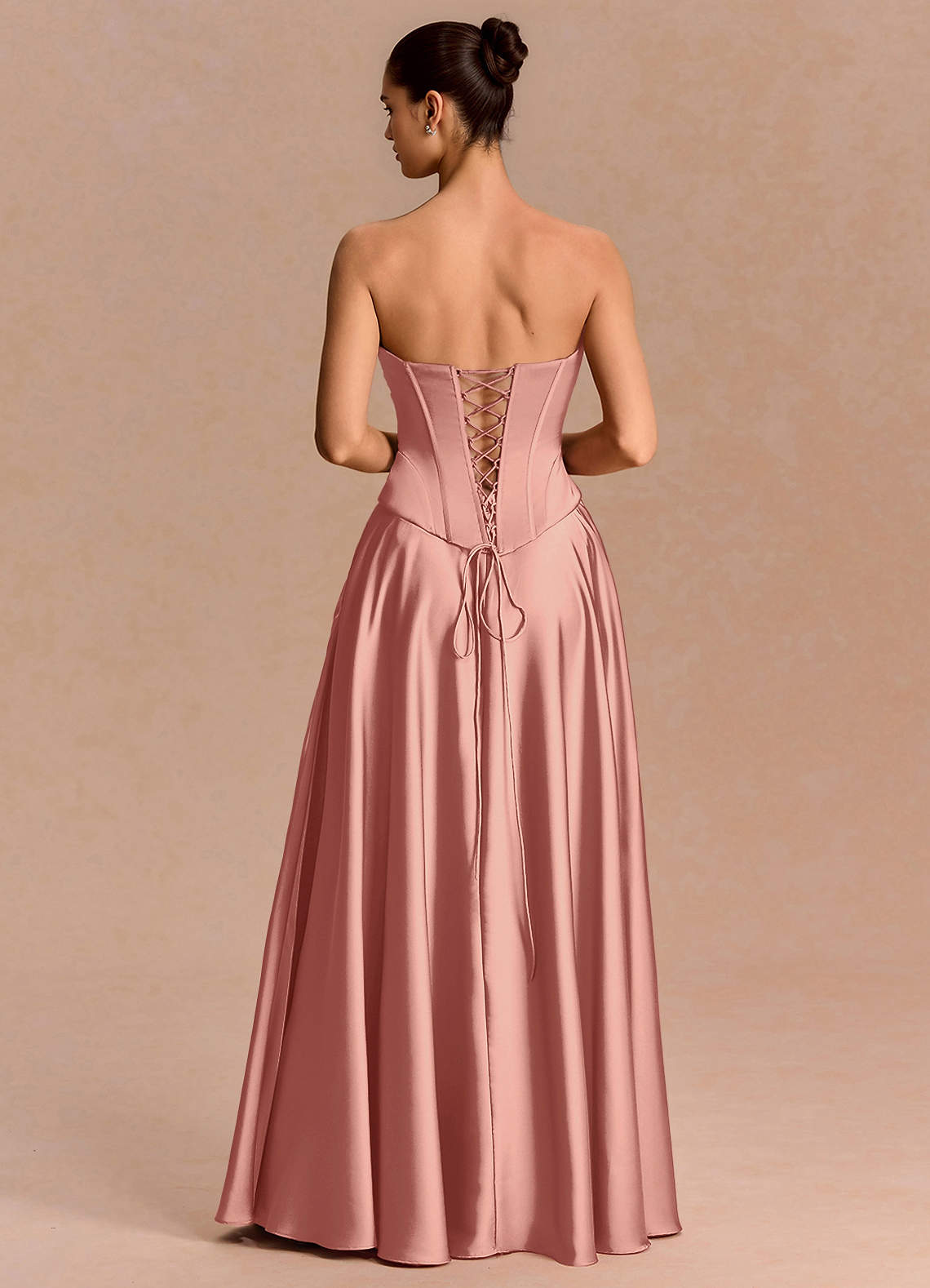 Eponine A-Line Pleated Stretch Satin Evening Dress in Rosette