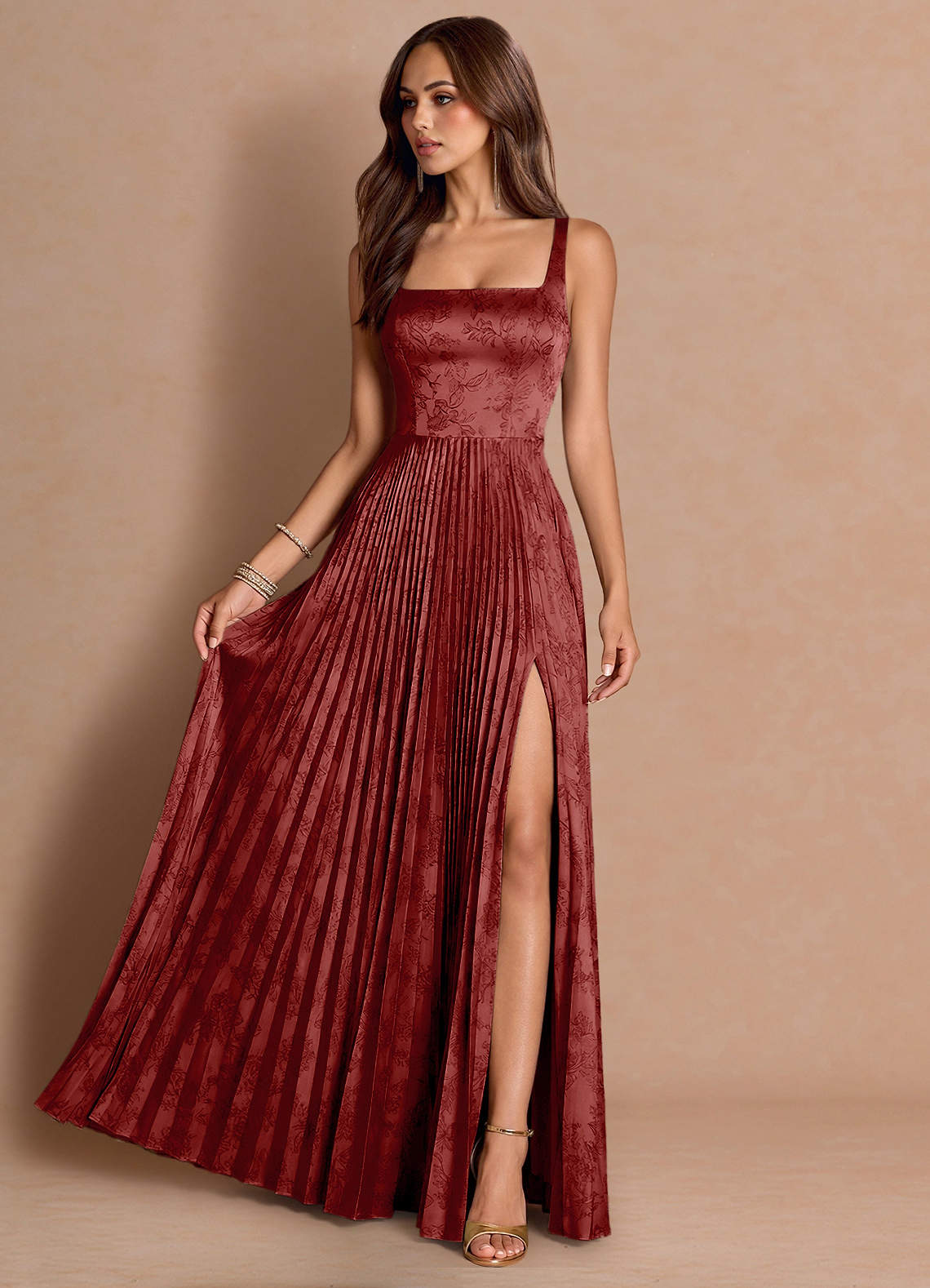 Tatiana A-Line Square-Neck Jacquard Wedding Guest Dress in Orange Red