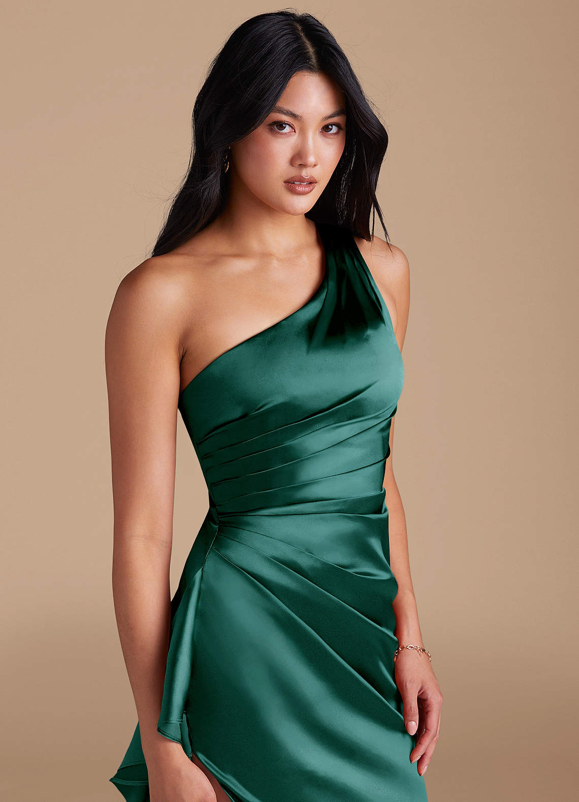 Latrice Sheath One-Shoulder Metallic Satin Bridesmaid Dress in Pine