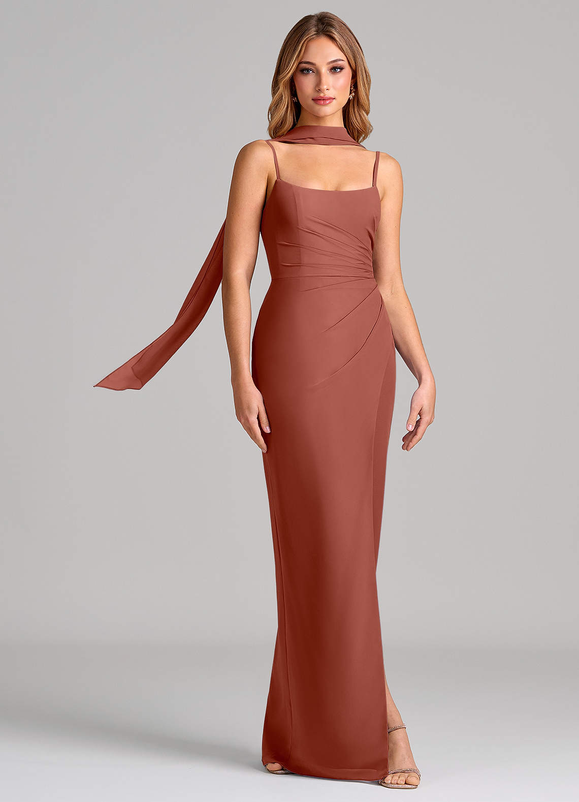 Calandra Sheath Scoop-Neck Chiffon Bridesmaid Dress in Auburn