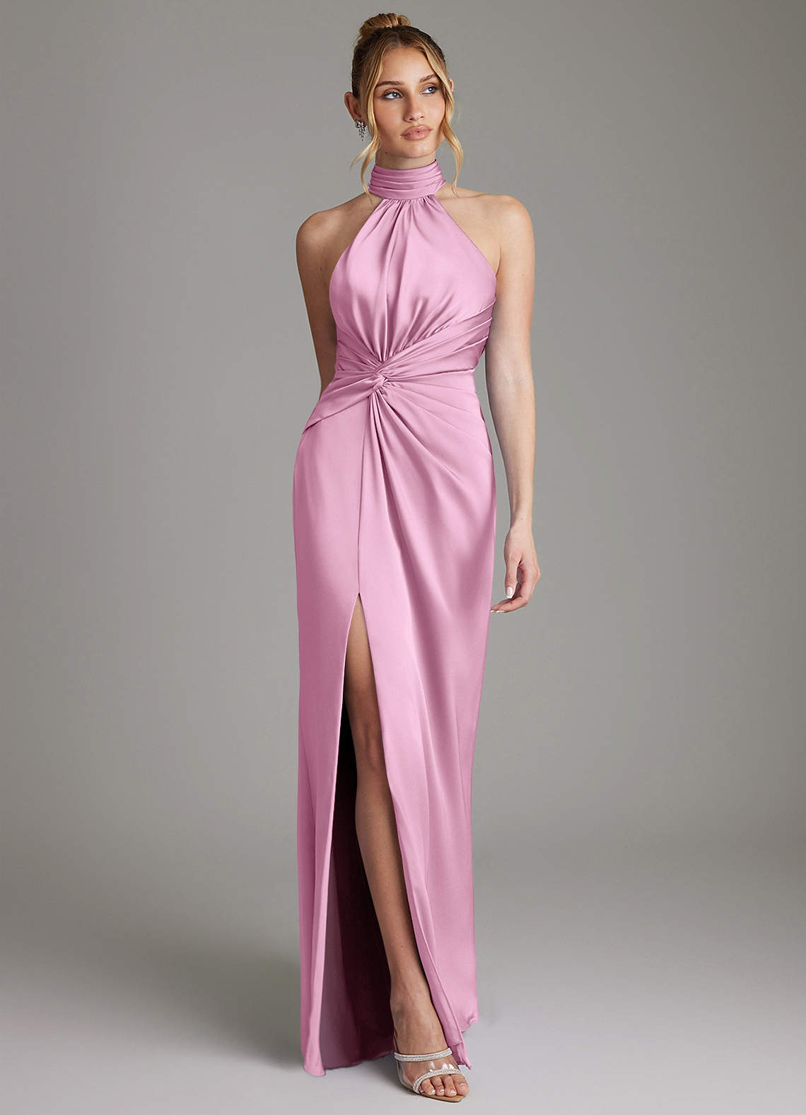 Gracelynn Sheath Halter Stretch Satin Bridesmaid Dress in candy pink