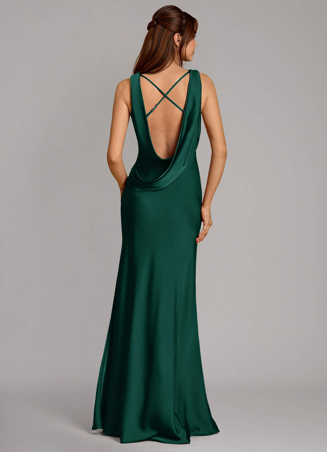 Cheryl Mermaid Cowl-Neck Stretch Satin Bridesmaid Dress in Emerald