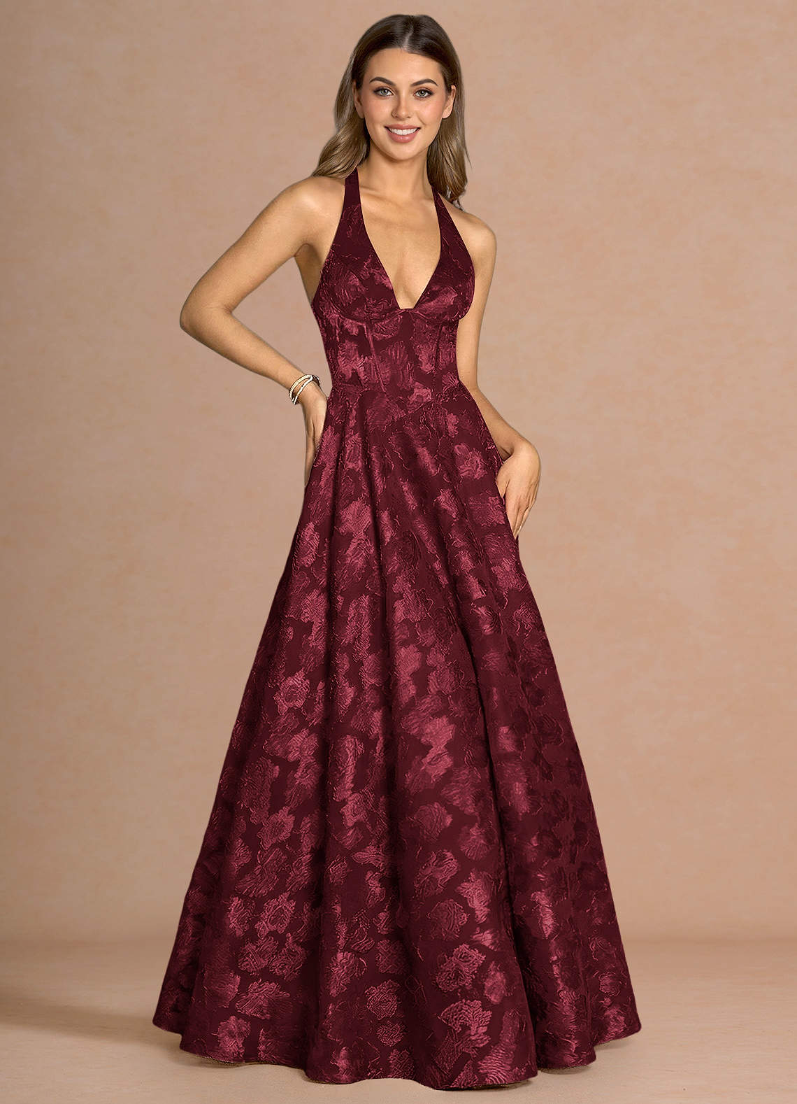 Isabeau A-Line V-Neck Fil Coupé Evening Dress in Wine