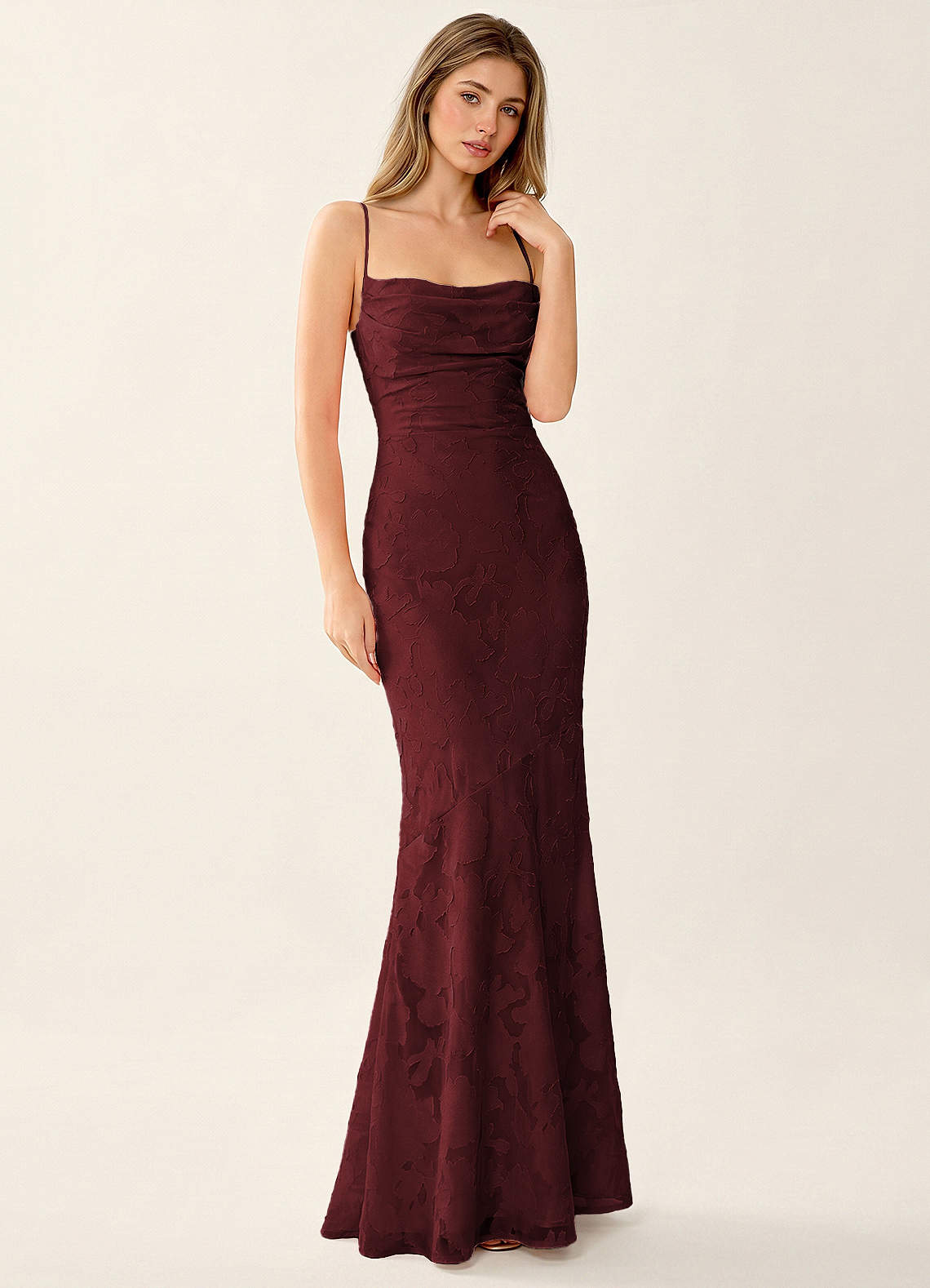 Natasha Mermaid Spaghetti-Strap Floral Burnout Evening Dress in Burgundy