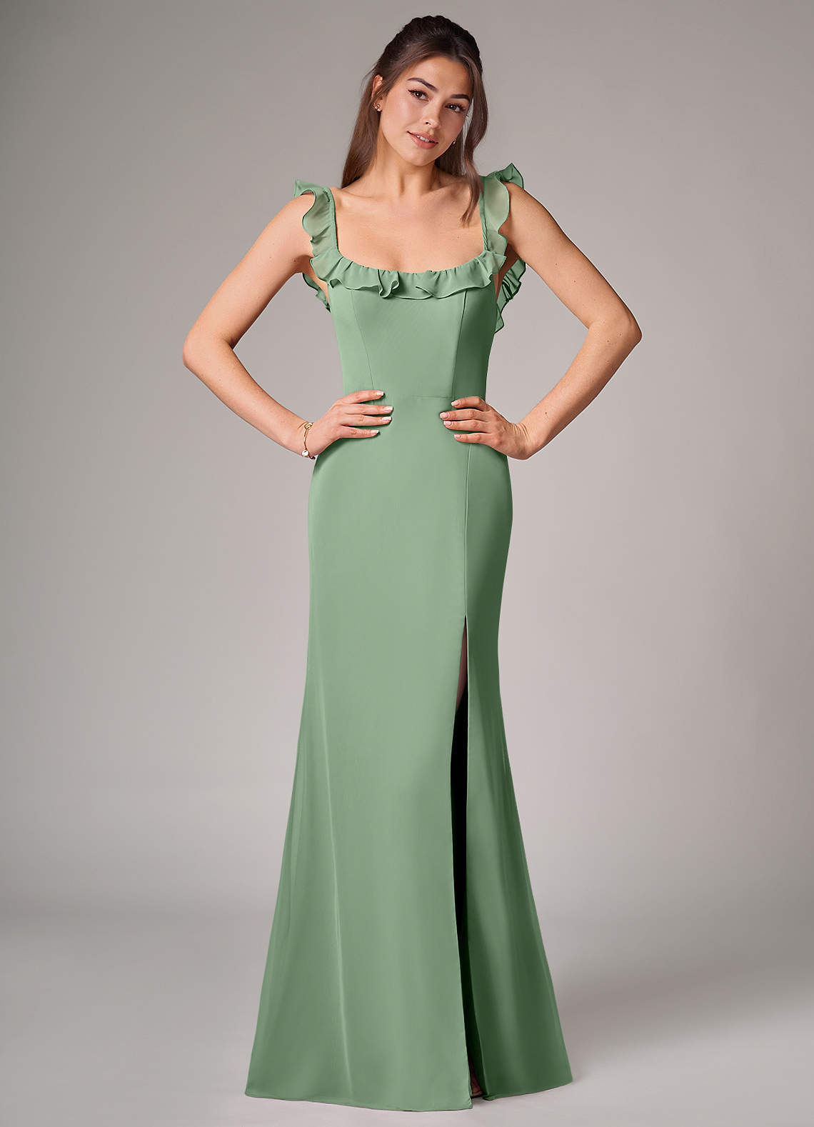 Callie Mermaid Scoop-Neck Chiffon Bridesmaid Dress in Matcha