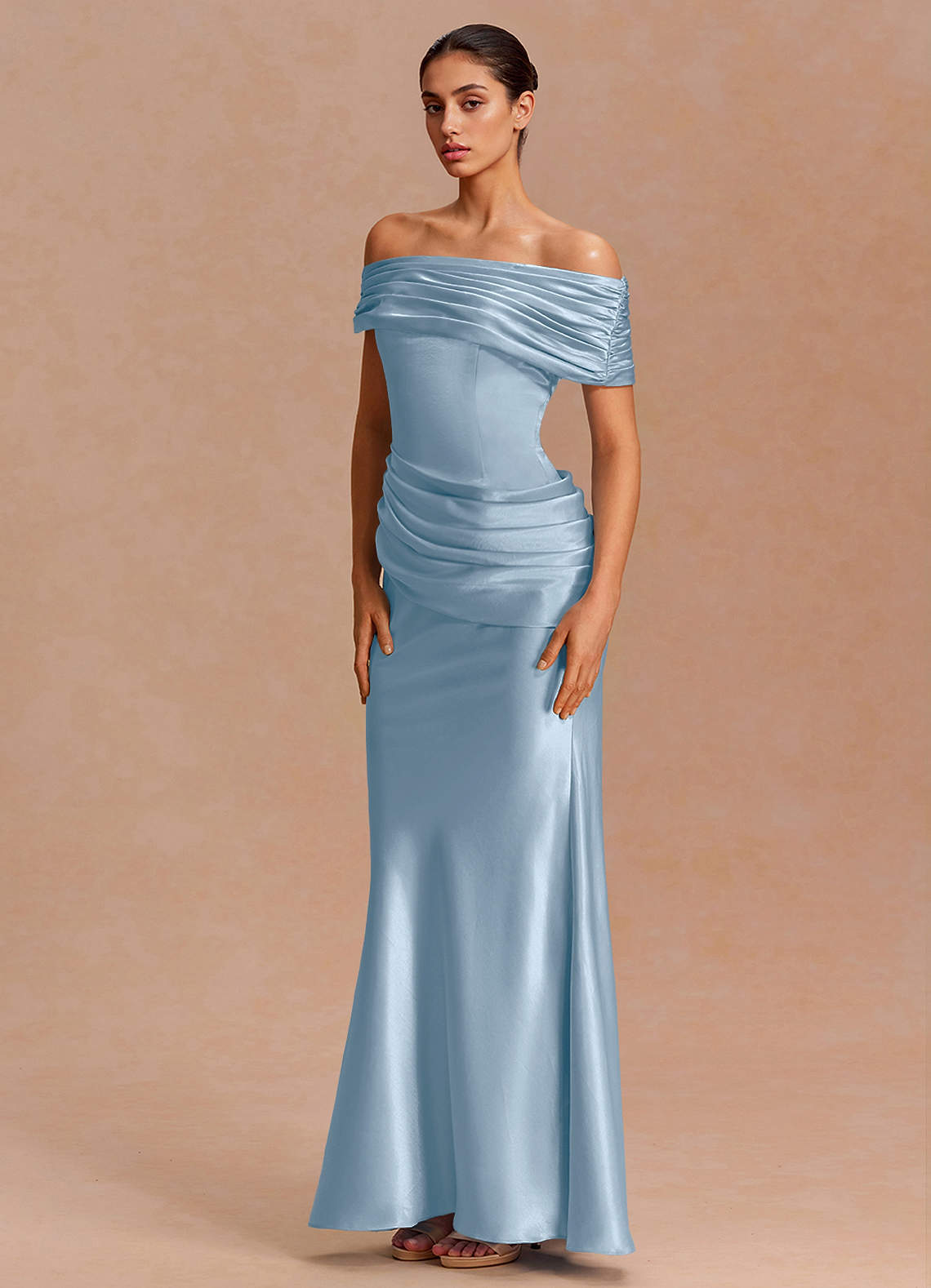 Leonie Strapless Draped-Shoulder Satin Evening Dress in Sky Blue