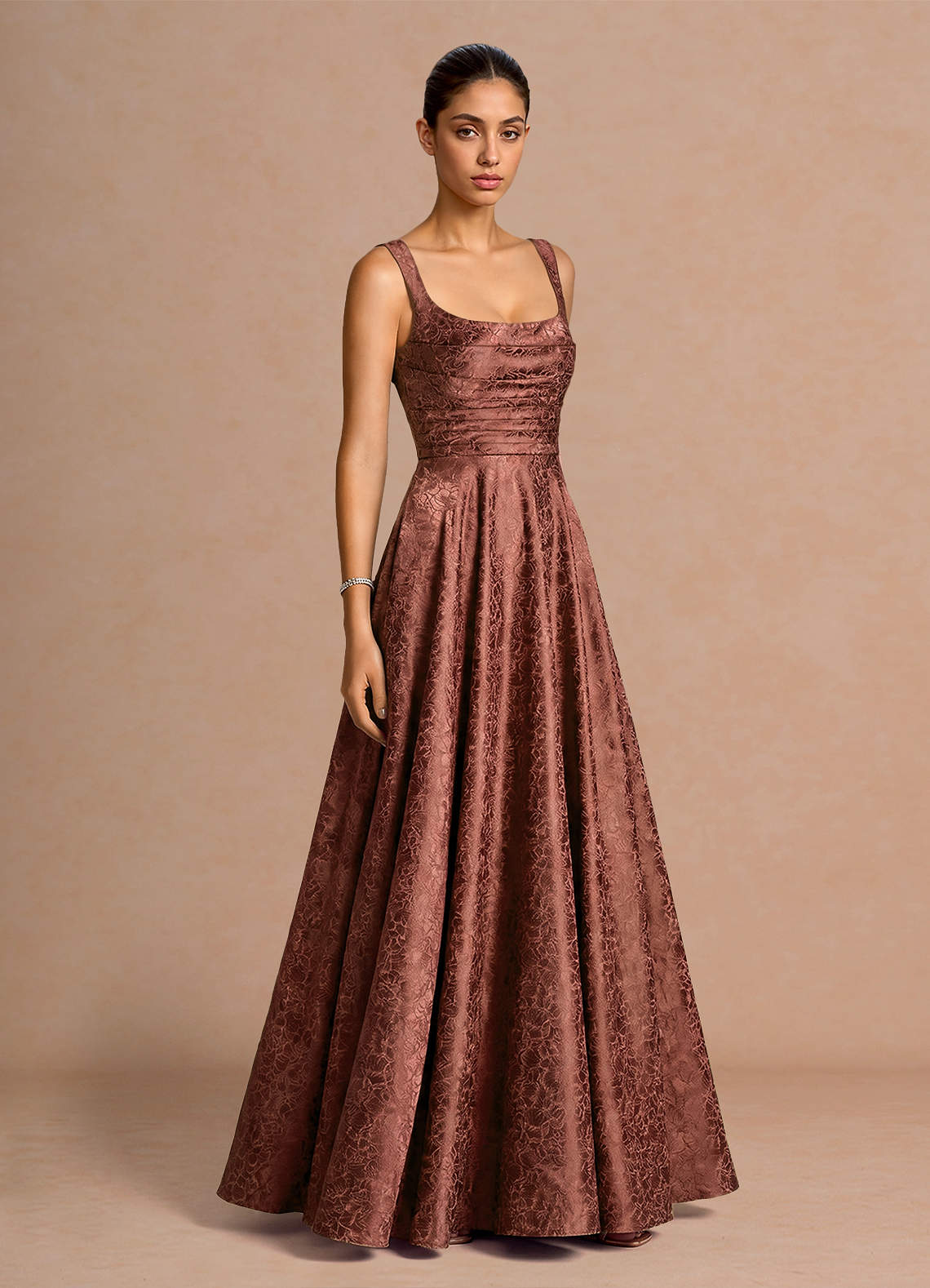 Elowena A-Line Square-Neck Satin Jacquard Evening Dress in Brick Red