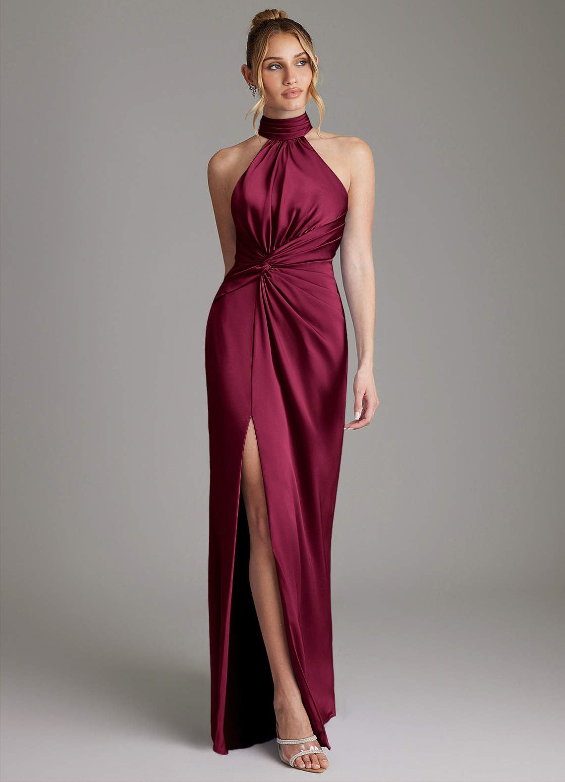 Gracelynn Sheath Halter Stretch Satin Bridesmaid Dress in Burgundy