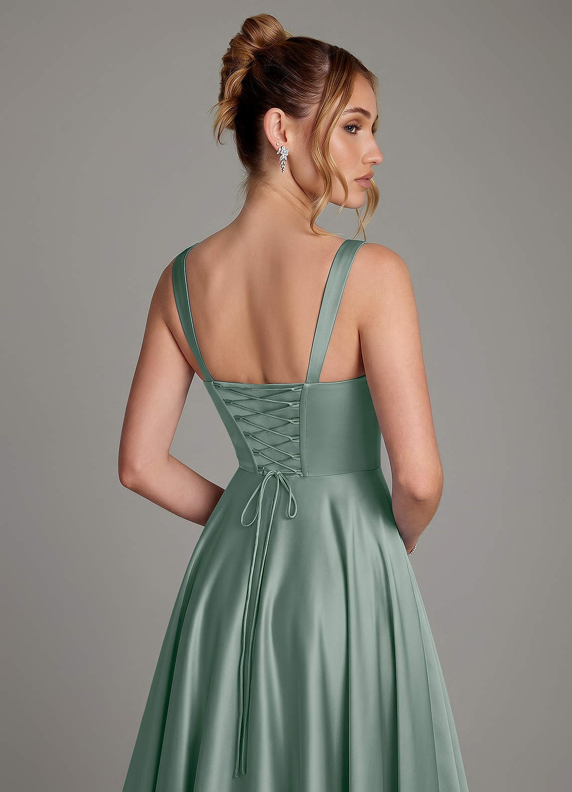 Azaria A-Line Square-Neck Stretch Satin Bridesmaid Dress in Silver Sage
