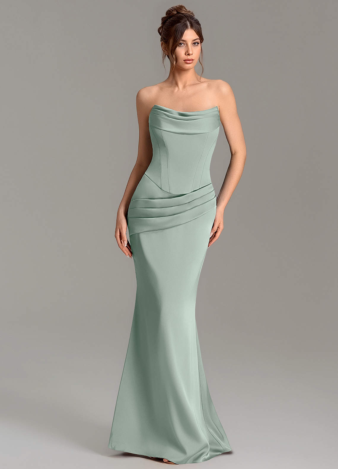 Adrienne Mermaid Cowl-Neck Stretch Satin Bridesmaid Dress in Agave