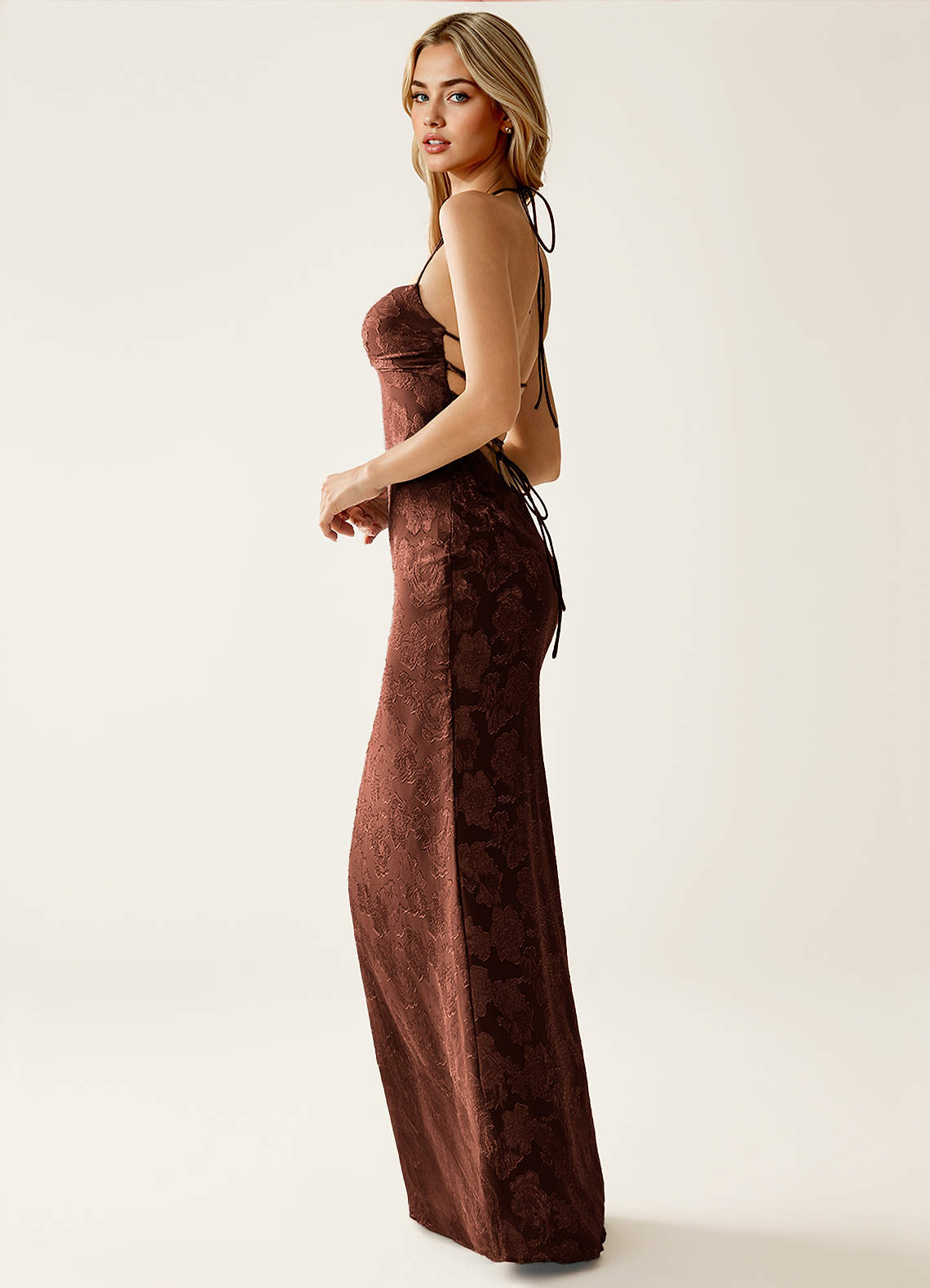 Angena Sheath Halter Floral Burnout Evening Dress in Mocha Coco